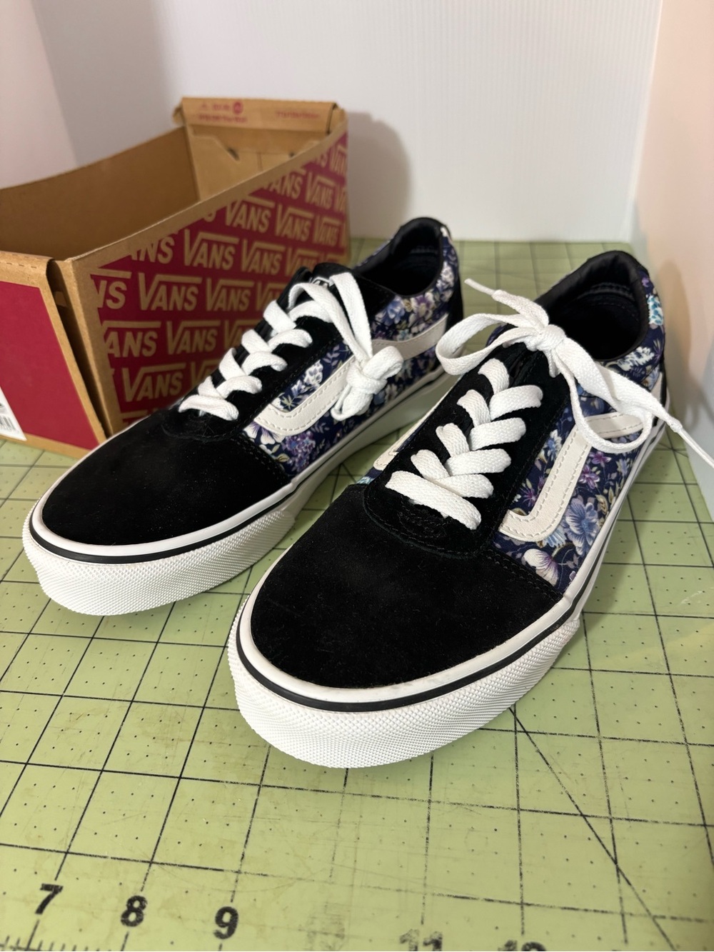 Vans Black and White Floral-Accent Old Skool Kids Sneakers